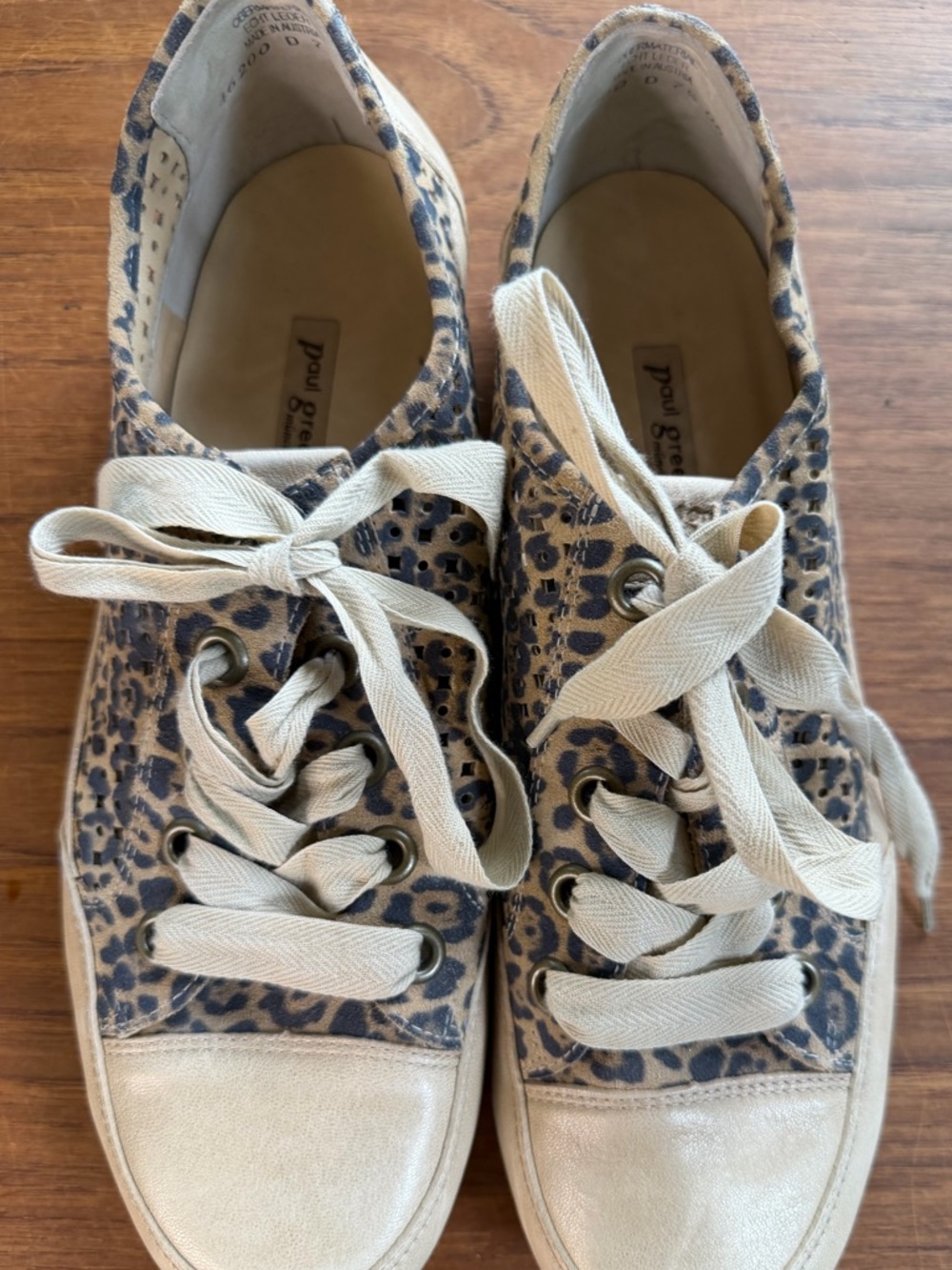 Paul Green Leopard-Pattern Canvas Sneakers in Tan and Cream